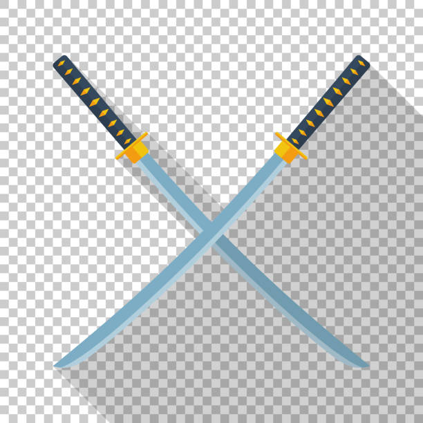 ilustrações, clipart, desenhos animados e ícones de ícone de espadas katana em estilo simples, com uma longa sombra sobre fundo transparente - blade war traditional culture japanese culture