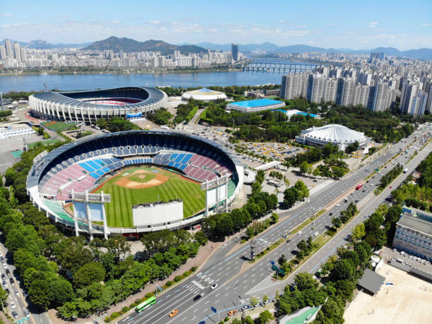 Aerial view Seoul Olympic Park, South Korea. The stadiums are built for the 1988 Summer Olympics and the 10th Asian Games in 1986. Olympic & baseball stadium with city. Seoul, South Korea aerial view of seoul south korea capital city stock pictures, royalty-free photos & images