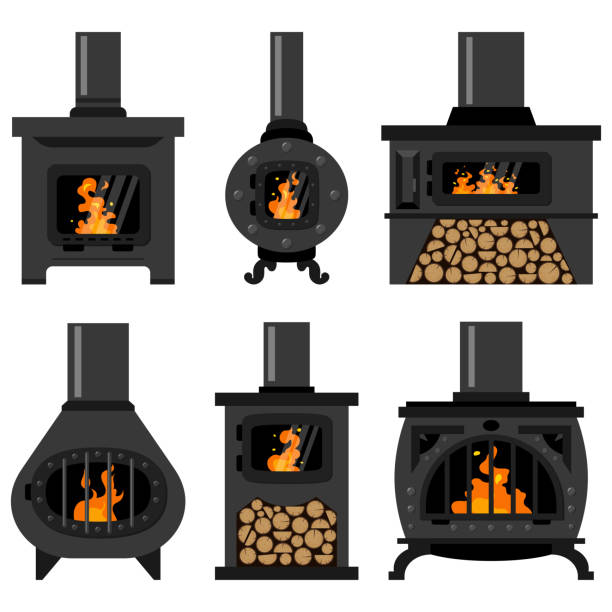 �печь для сжигания железной древесины с дровами и огнем. вектор плоские старые старинные камины изолированы на белом фоне. - wood fire oven stock illustrations