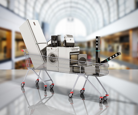 Home appliances in the shopping cart E-commerce or online shopping concept 3d render on sale background