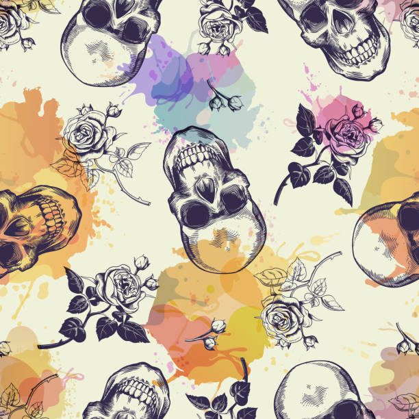 ilustrações de stock, clip art, desenhos animados e ícones de seamless pattern with skulls and rose flowers drawn in engraving style and translucent colorful blots. modern and trendy backdrop. vector illustration for wallpaper, fabric print, poster, flyer. - pop art skull backgrounds pattern