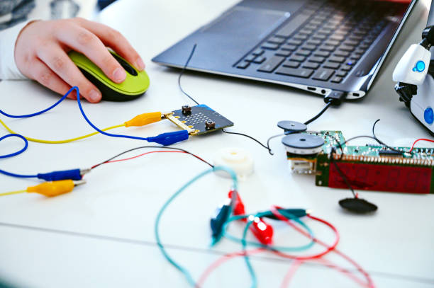 Close up of a mini computer that is part of a science project created by a child