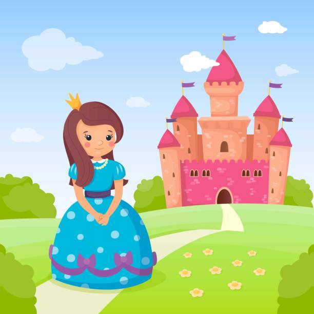 ilustrações, clipart, desenhos animados e ícones de princesa de conto de fadas em vestido de azul e seu castelo rosa fofo. - residential district backgrounds beauty blue