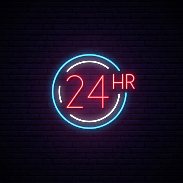 24 Hours neon sign. Light signboard with simbol of round the clock working. Vector illustration. 24 Hours neon sign. Light signboard with simbol of round the clock working. Vector illustration. 24 hrs stock illustrations