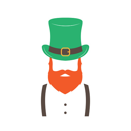 Stylish Irishman with ginger beard wearing hat. Happy St. Patrick's Day. Hipster emblem. Vector illustration.