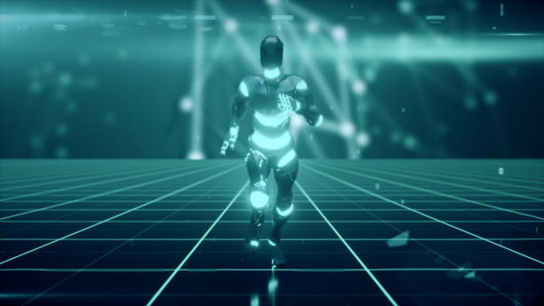 istock A futuristic humanoid robot, running through a sci-fi grid surface. 3d illustration 1126668178