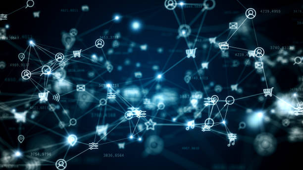 istock Background of randomly moving network and internet related things. Online shopping, social networks, connections, global connections. 3d illustration 1126668219
