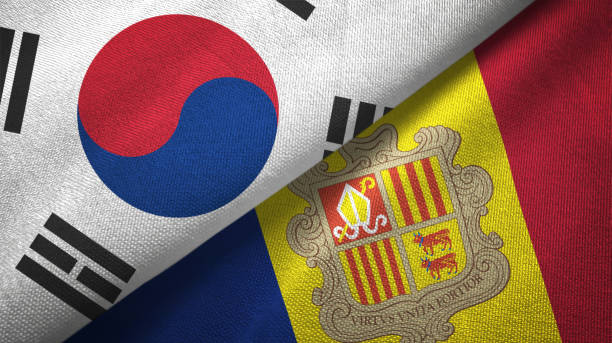 istock Andorra and South Korea two flags together textile cloth, fabric texture 1126669267