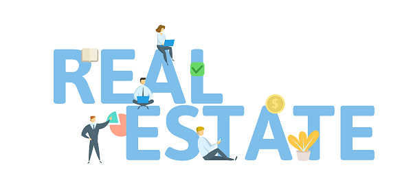 REAL ESTATE word concept banner. Concept with people, letters, and icons. Colored flat vector illustration. Isolated on white background.