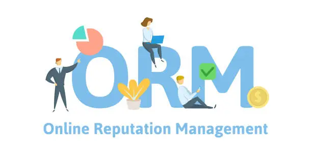 Vector illustration of ORM Online Reputation Management. Concept with keywords, letters, and icons. Flat vector illustration. Isolated on white background.