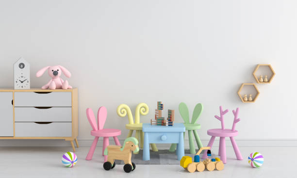 istock Table and chair in white child room, 3D rendering 1126674692