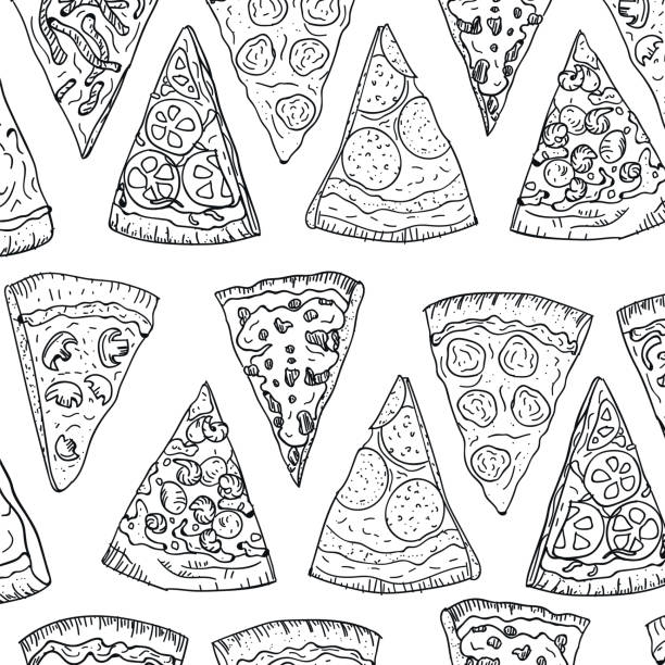 illustrations, cliparts, dessins animés et icônes de tranches de pizza modèle main de dessin dans le style doodle isolé sur fond blanc. doodle motif dessin coupe pizza vue du dessus. design cuisine et pizzeria italien - white tomato backgrounds vegetable