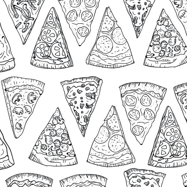 ilustrações, clipart, desenhos animados e ícones de fatias de pizza padrão mão desenhando no estilo doodle isolado no fundo branco. vista superior da pizza corte padrão desenho de doodle. design italiano de cozinha e pizzaria - pizza pepperoni vector ingredient