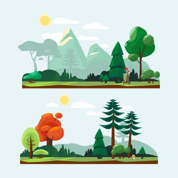 Vector illustration of Nature landscape. Park garden background with road trees stones and plants blue sky cartoon vector weather illustration