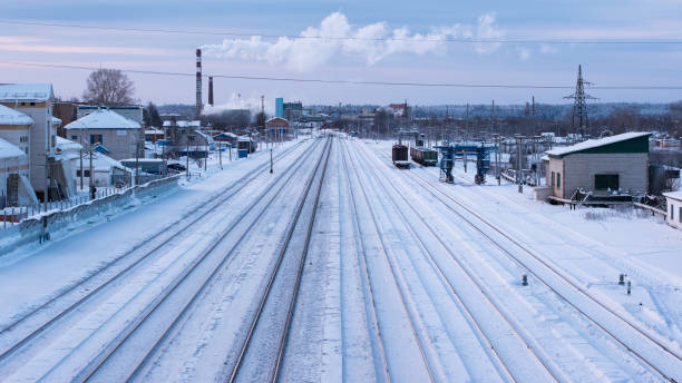 istock Winter view of empty railway station. 1126676947