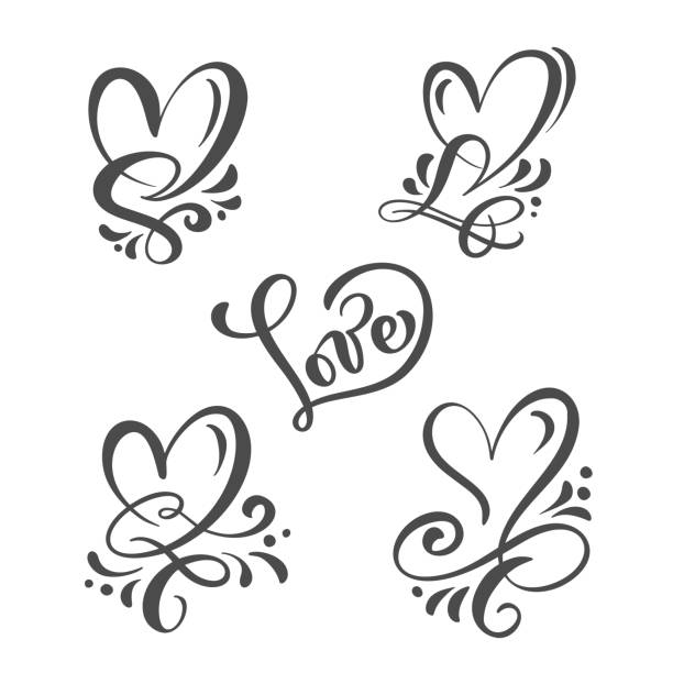 illustrazioni stock, clip art, cartoni animati e icone di tendenza di insieme di grigia calligrafia parola amore e cuori. lettering vettoriale disegnato a mano per san valentino. biglietto di san valentino di holiday design. adoro l'arredamento per web, matrimonio e stampa. illustrazione isolata - love word