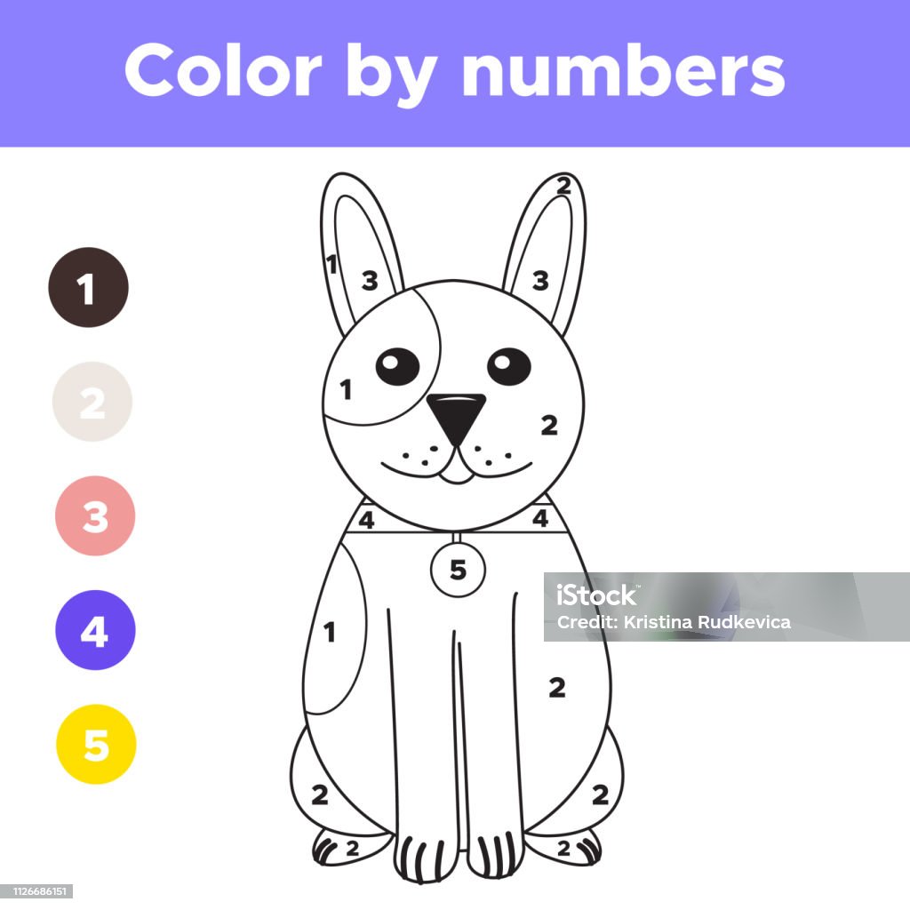 colorbird Color by numbers for preschool kids. Cartoon dog coloring page. Children educational game. Printable worksheet. Vector illustration. Activity stock vector