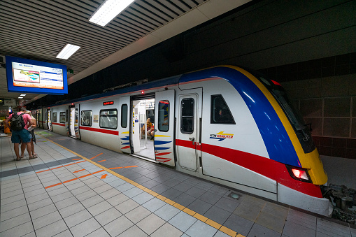 Kuala Lumpur, Malaysia. January 2019.KTM commuter train in a station at Kuala Lumpur, Malaysia