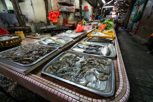 Kuala Lumpur, Malaysia. January 2019.sale of fish in the street market at chinatown in Kuala Lumpur, Malaysia