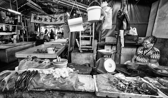 Kuala Lumpur, Malaysia. January 2019.sale of fish in the street market at chinatown in Kuala Lumpur, Malaysia