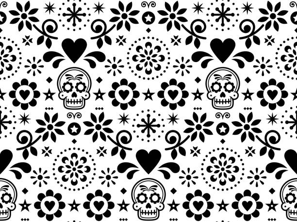 ilustraciones, imágenes clip art, dibujos animados e iconos de stock de azúcar cráneo vector patrón inspirado en el arte popular mexicano, dia de los muertos repetitivos diseño blanco y negro - dia de muertos