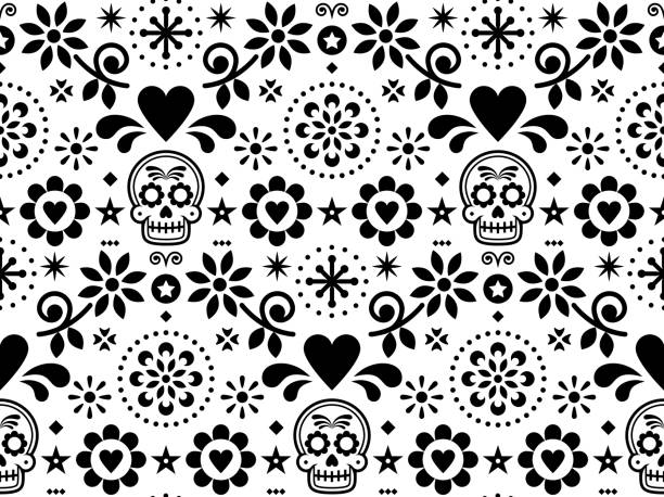 Sugar skull vector seamless pattern inspired by Mexican folk art, Dia de Los Muertos repetitive design black and white Calavera and flowers decoration inspired by decor form Mexico, floral ornament with cute skulls mexican day of the dead stock illustrations
