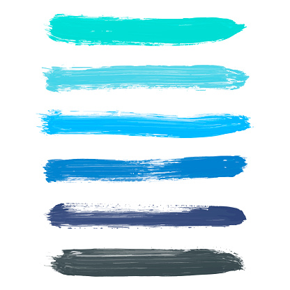 Set of turquoise blue, indigo, black vector watercolor hand painted gradient stripes isolated on white background. Collection of acrylic dry brush stains, strokes, geometric horizontal lines. Creative illustration frame for design.