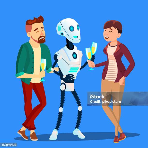 Robot Drinking Champagne And Laughing At Party With Man And Woman Vector Isolated Illustration Stock Illustration - Download Image Now