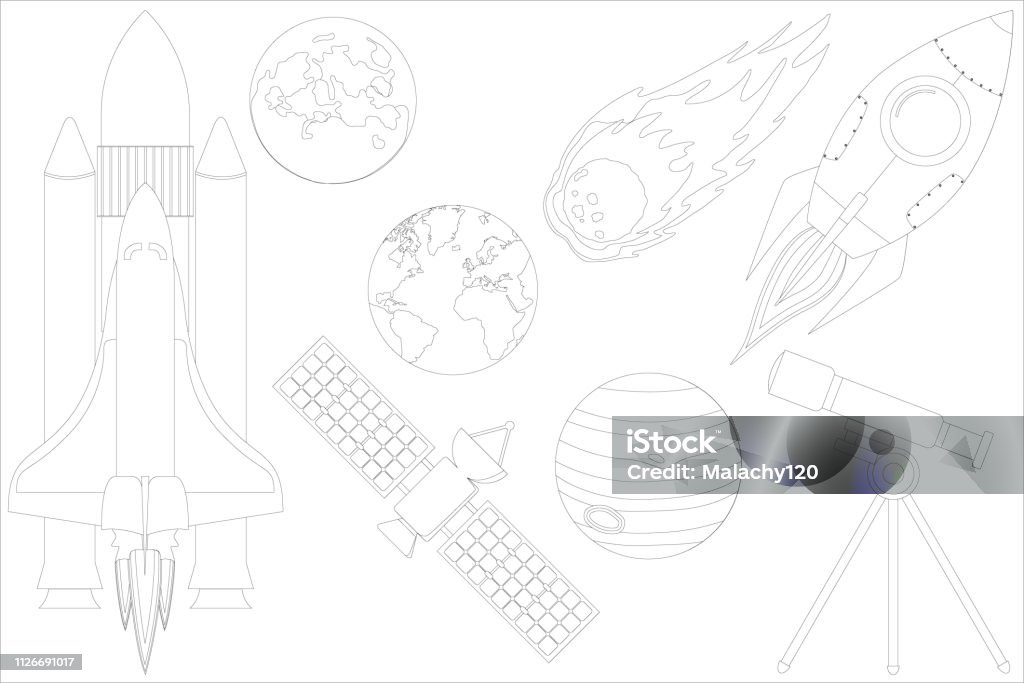 Space icon set Detailed set of different colorful space icons Alien stock vector