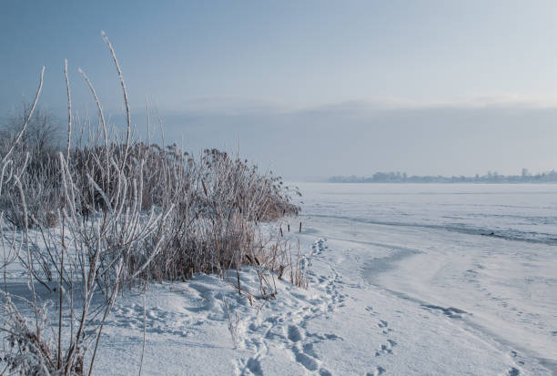 istock Cold sunny frozen day view by the river in winter 1126695174