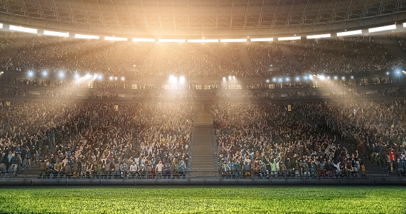 Un estadio de fútbol profesional con multitud de hechos en 3D. photo