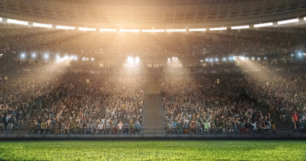 uno stadio di calcio professionistico con folla realizzata in 3d. - illuminazione con riflettori foto e immagini stock