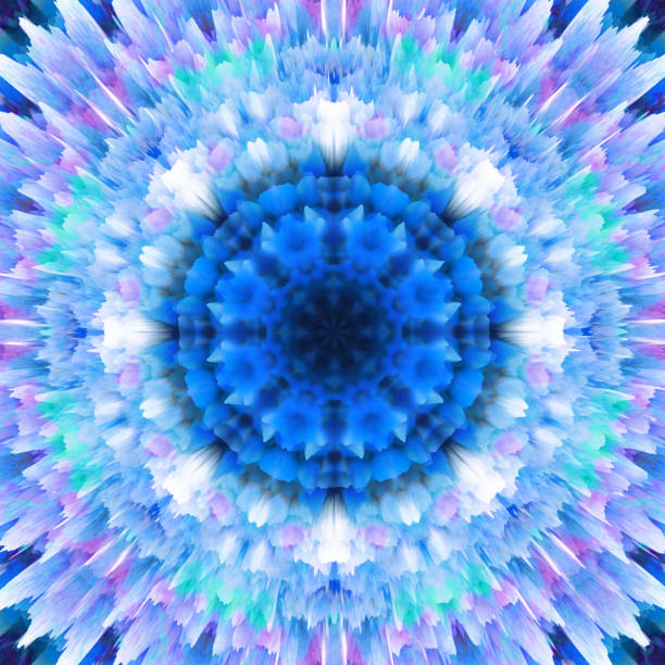 추상 방사형 꽃 배경입니다. 판타지 눈송이 패턴입니다. 아름 다운 만화경 텍스처입니다. 블루 톤에서 장식 만다라 장식 - motion snowflake backgrounds blue stock illustrations