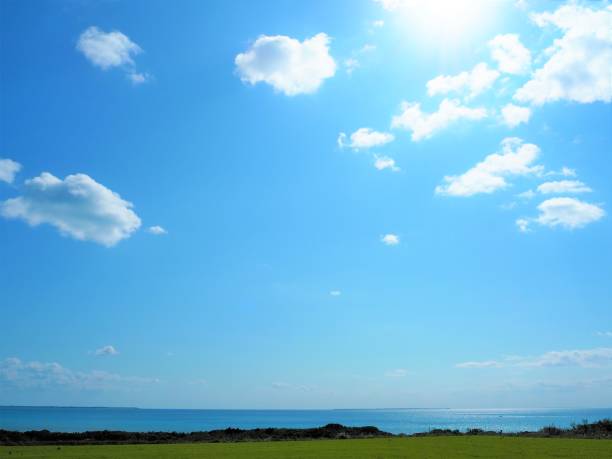 lush green field of grass and water horizon with clear blue sky background, Kohama Island, Okinawa, Japan lush green field of grass and water horizon with clear blue sky background, Kohama Island, Okinawa, Japan horizon over water photos stock pictures, royalty-free photos & images