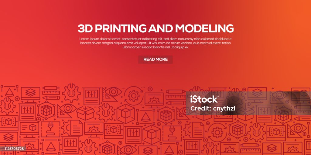 Vector set of design templates and elements for 3D Printing and Modeling in trendy linear style - Web Banner with linear icons related to 3D Printing and Modeling - Vector Development stock vector