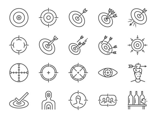 stockillustraties, clipart, cartoons en iconen met lijn doelpictogram instellen. opgenomen iconen als doel, doel, crosshair, schieten, schieten en meer. - focus