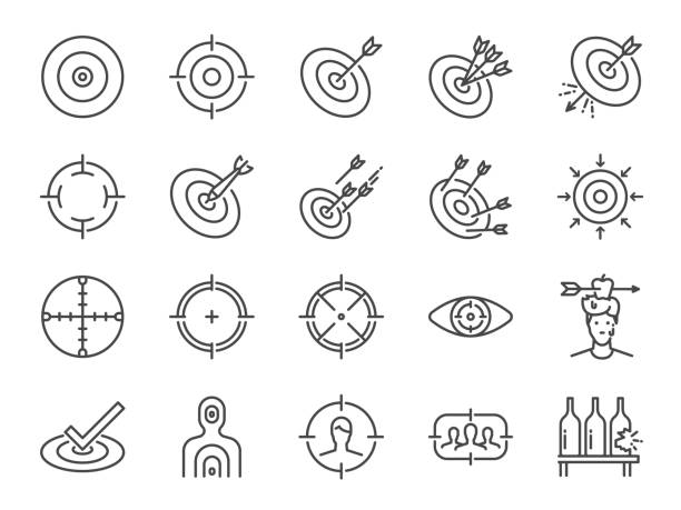 ilustrações de stock, clip art, desenhos animados e ícones de target line icon set. included icons as aim, goal, crosshair,  shoot, shooting and more. - darts