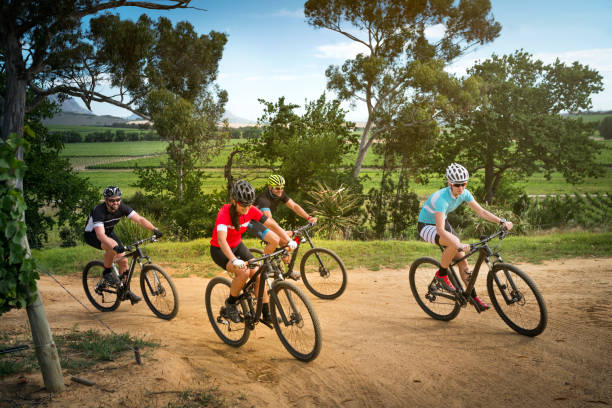 istock Cyclists riding bicycles on dirt road in forest 1126707349