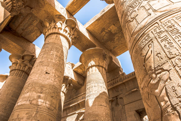 Pillars at the temple of Kom Ombo, decorated with hieroglyphics stock photo