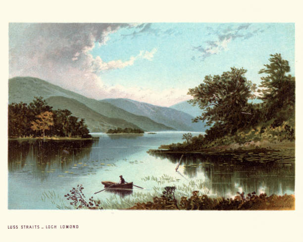 ilustrações de stock, clip art, desenhos animados e ícones de scottish landscape, luss straits, loch lomond, 19th century - loch rowboat lake landscape