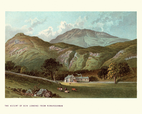 Vintage engraving of Scottish landscape, Ascent of Ben Lomond from Rowardennan, 19th Century.