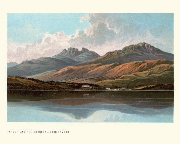 Scottish landscape, Tarbet and the cobbler, Loch Lomond, 19th Century Vintage engraving of Scottish landscape, Tarbet and the cobbler, Loch Lomond, 19th Century. A freshwater Scottish loch which crosses the Highland Boundary Fault, often considered the boundary between the lowlands of Central Scotland and the Highlands. scottish highlands stock illustrations