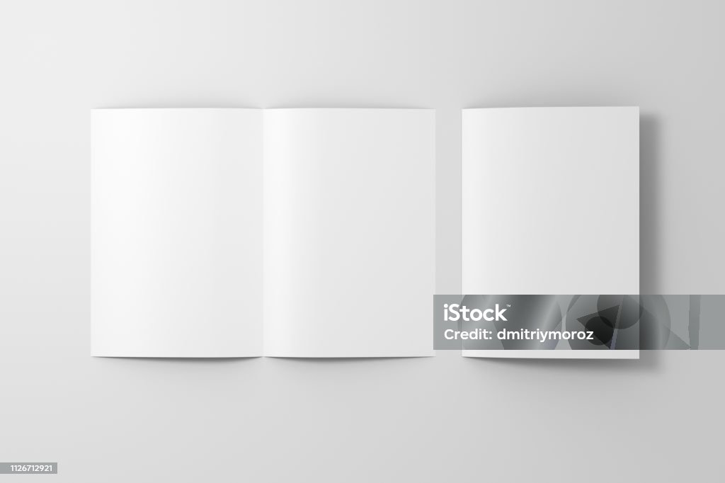 Blank half-folded flyer leaflet Blank white open and folded half-folded flyer leaflet on white background. With clipping path around brochure. 3d illustration Brochure Stock Photo