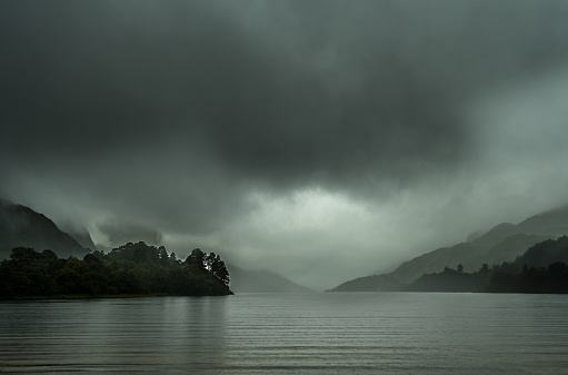 Loch Shiel With Dark Clouds And Rainy Weather Near Glenfinnan In Scotland