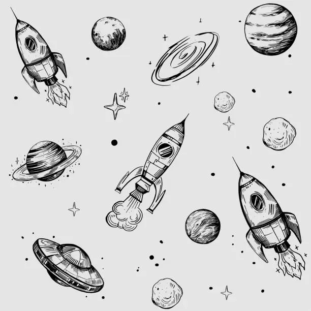 Vector illustration of Space seamless pattern with planets, stars, rockets. Hand drawn sketch converted to vector.