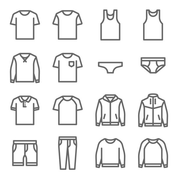 kuvapankkikuvitukset aiheesta vaatteiden vektoriviivan kuvakejoukko. sisältää sellaisia kuvakkeita kuin alusvaatteet, t-paita, takki, takki, housut ja paljon muuta. laajennettu viiva - sports clothing