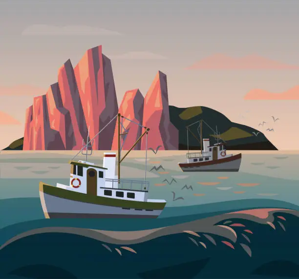 Vector illustration of Fisherman ship or boat at sunset