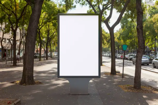 Blank street billboard poster stand on boulevard. 3d illustration.