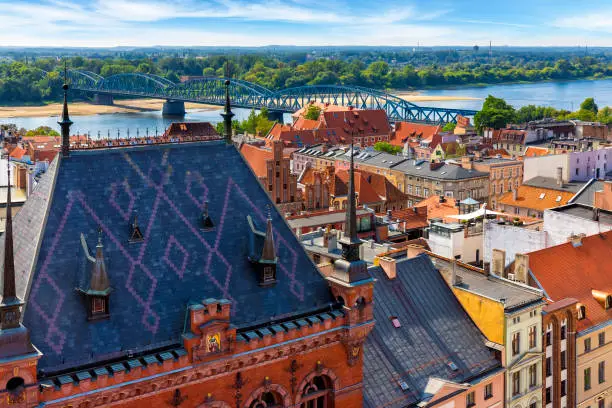 Aerial view of Old Town in Torun and River Vistula, Poland