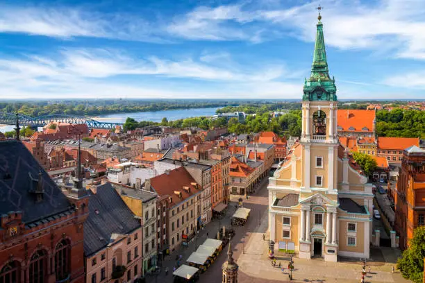 Aerial view of Old Town in Torun and River Vistula, Poland